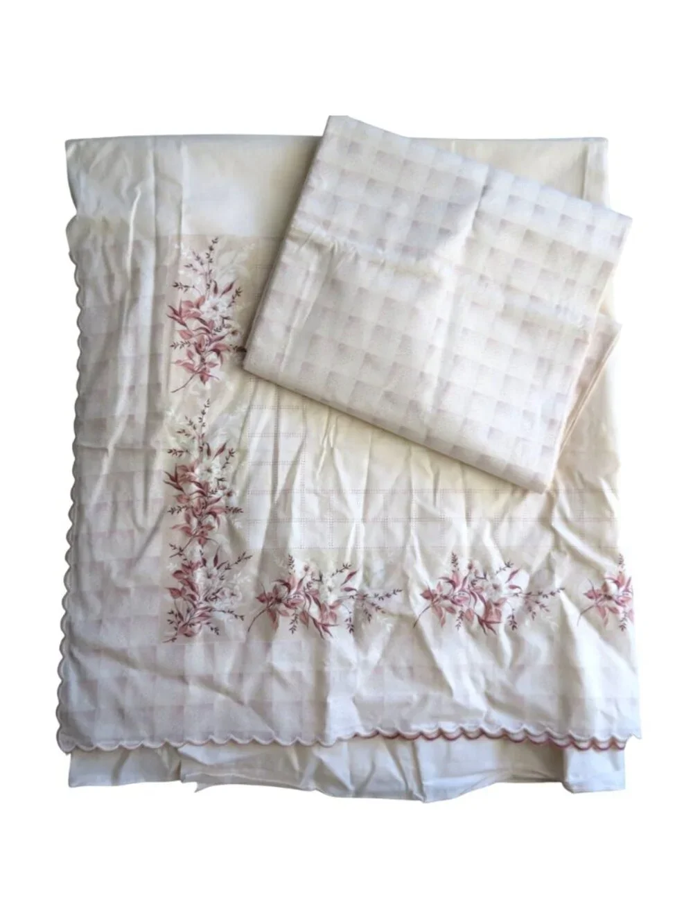 Vintage Floral Full Sheet Set 4-Piece Scalloped Edges Cream & Burgundy Muslin